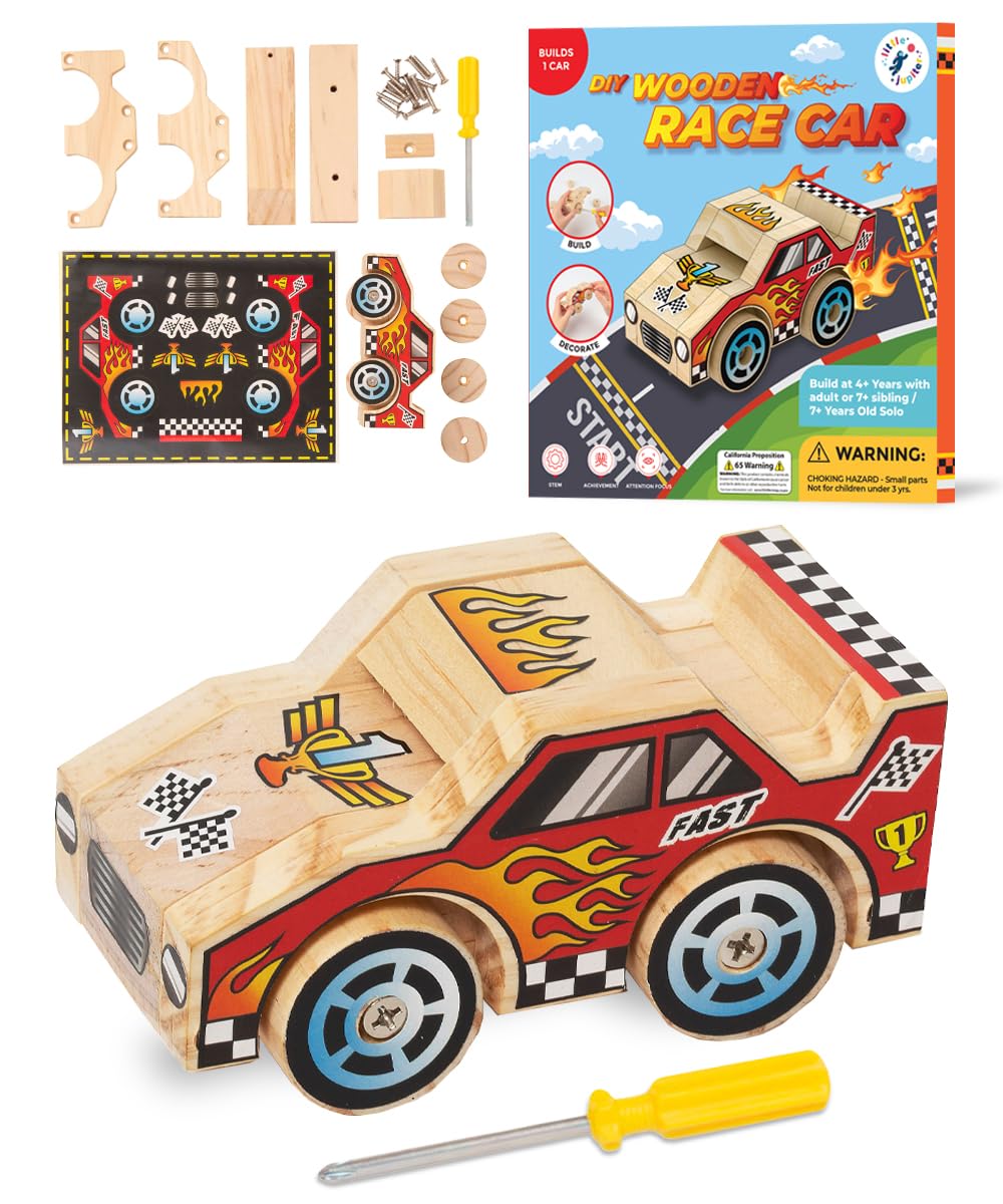 DIY Wooden Kits w/ Stickers - Kids Building Kit - Stem Building Toys - Wood Crafts for Kids - Building Kits for Kids - Woodworking Kits for Kids - Wood Building Kits for ages 4-7 Yrs (Race Car)