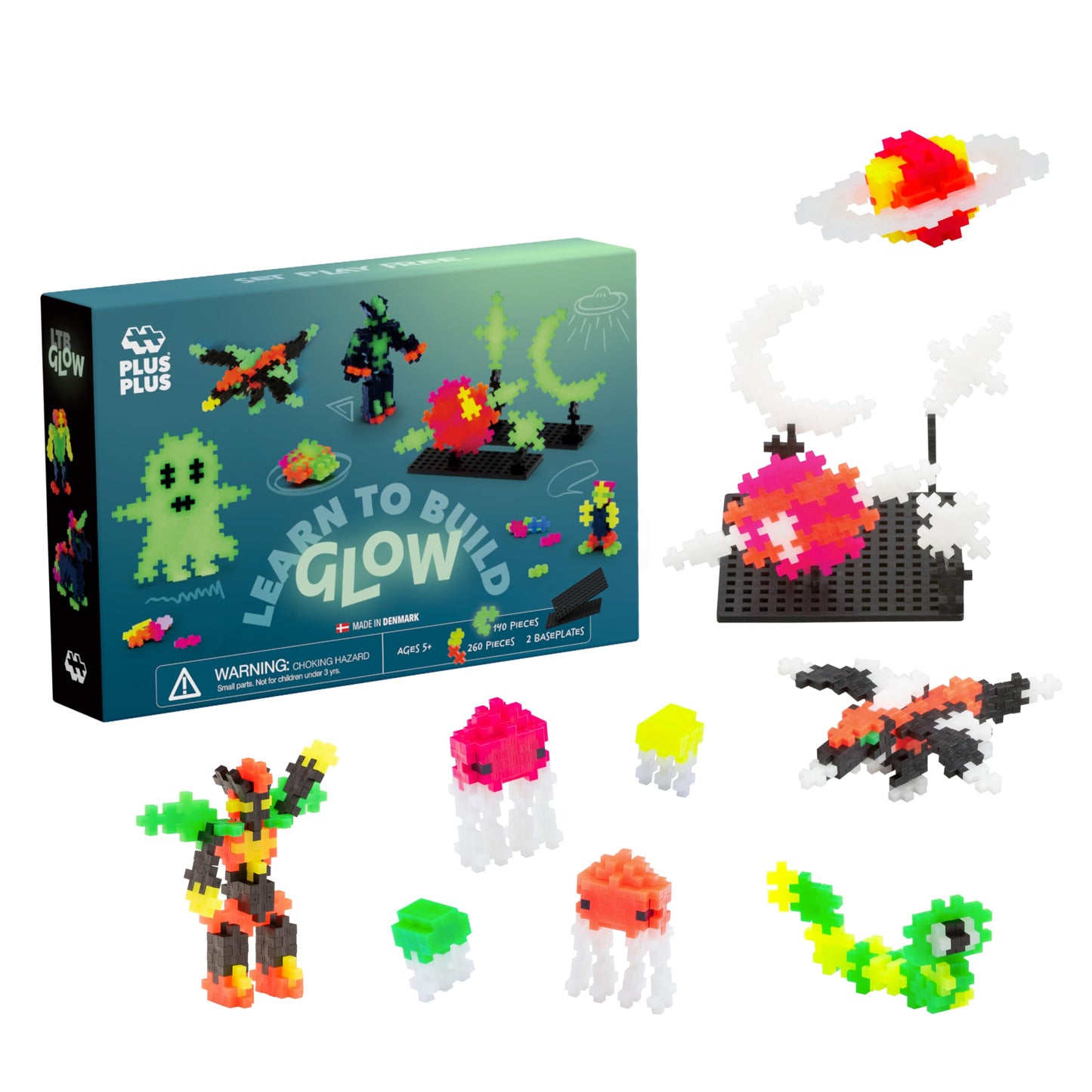 PLUS PLUS - Learn to Build Glow in The Dark - Construction Building STEM – Interlocking Mini Puzzle Blocks for Kids