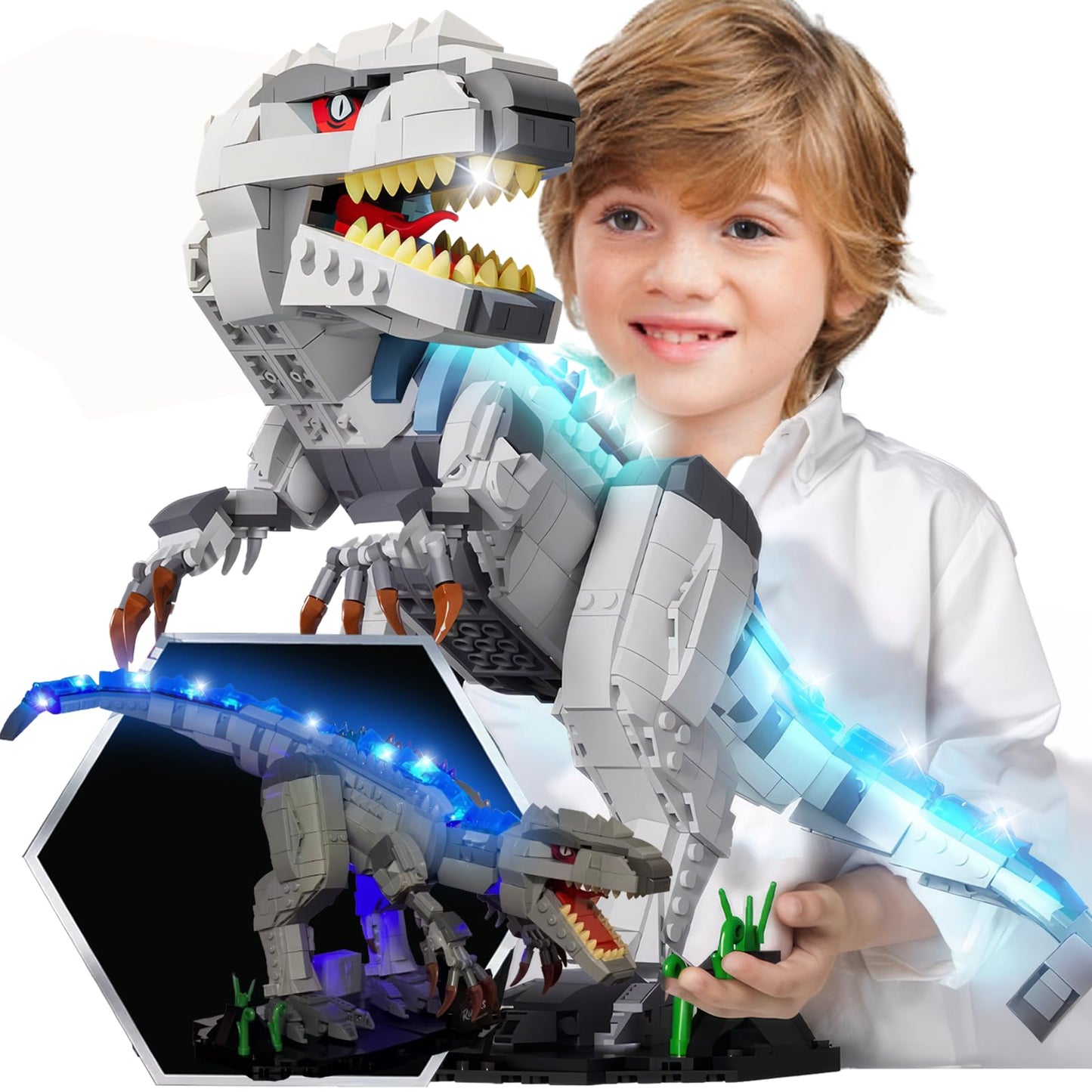 Light Up Dinosaur Building Block Sets Glowing Tyrannosaur Building Kits Construction Dino Dinosaur Educational Building Sets for Boy 6+ and Adult 23.6 Inch Big Size