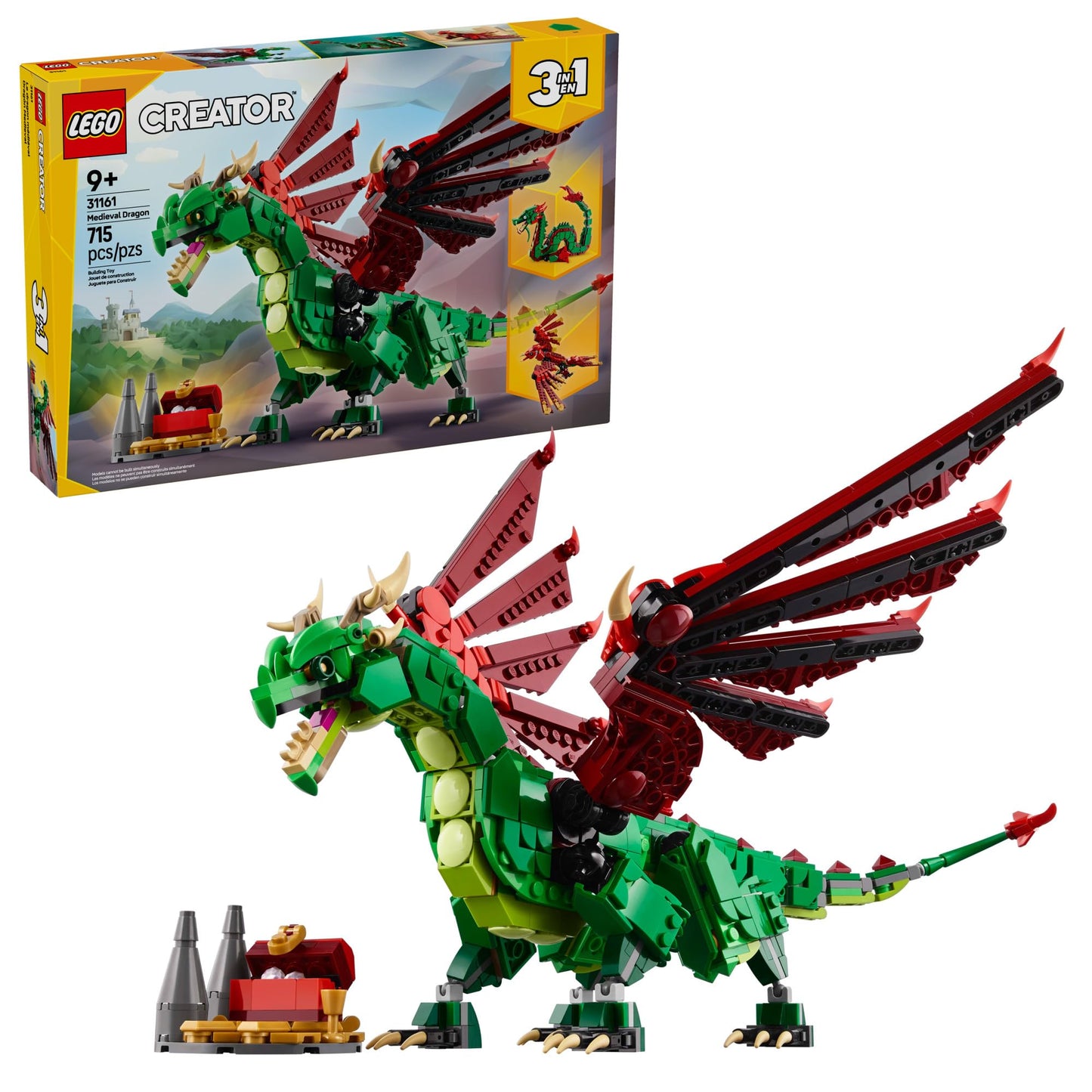 LEGO Creator 3 in 1 Medieval Dragon Toy - Building Toy with 3 Build Options Dragon Sea Serpent or Phoenix - Fantasy Set for Kids Boys and Girls Ages 9+ - Gift Idea for Birthdays - 31161