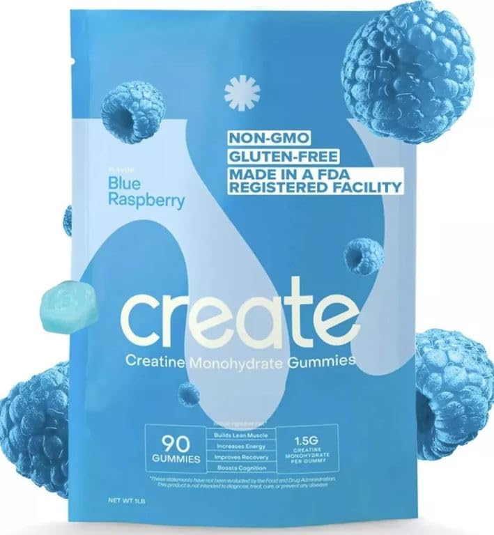 Create Creatine Monohydrate Gummies for Men & Women Boost Focus Strength and Endurance Anti-Melting Formula Vegan Gluten-Free Non-GMO 1.5g of Creatine per Gummy (Blue Raspberry 90 ct)
